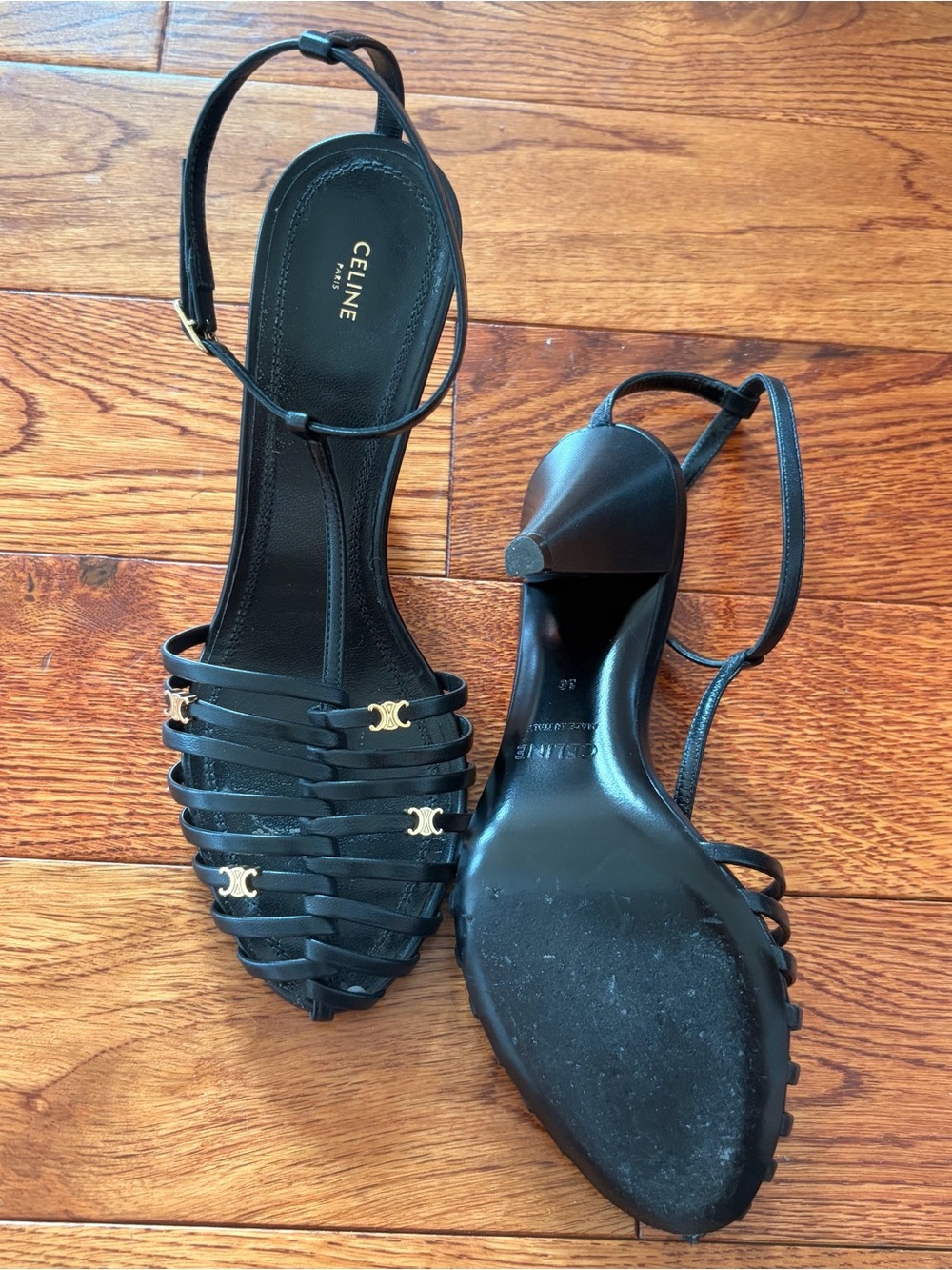 Celine Black Leather Cage Sandals with Gold Logo Accent - Picture 4 of 9